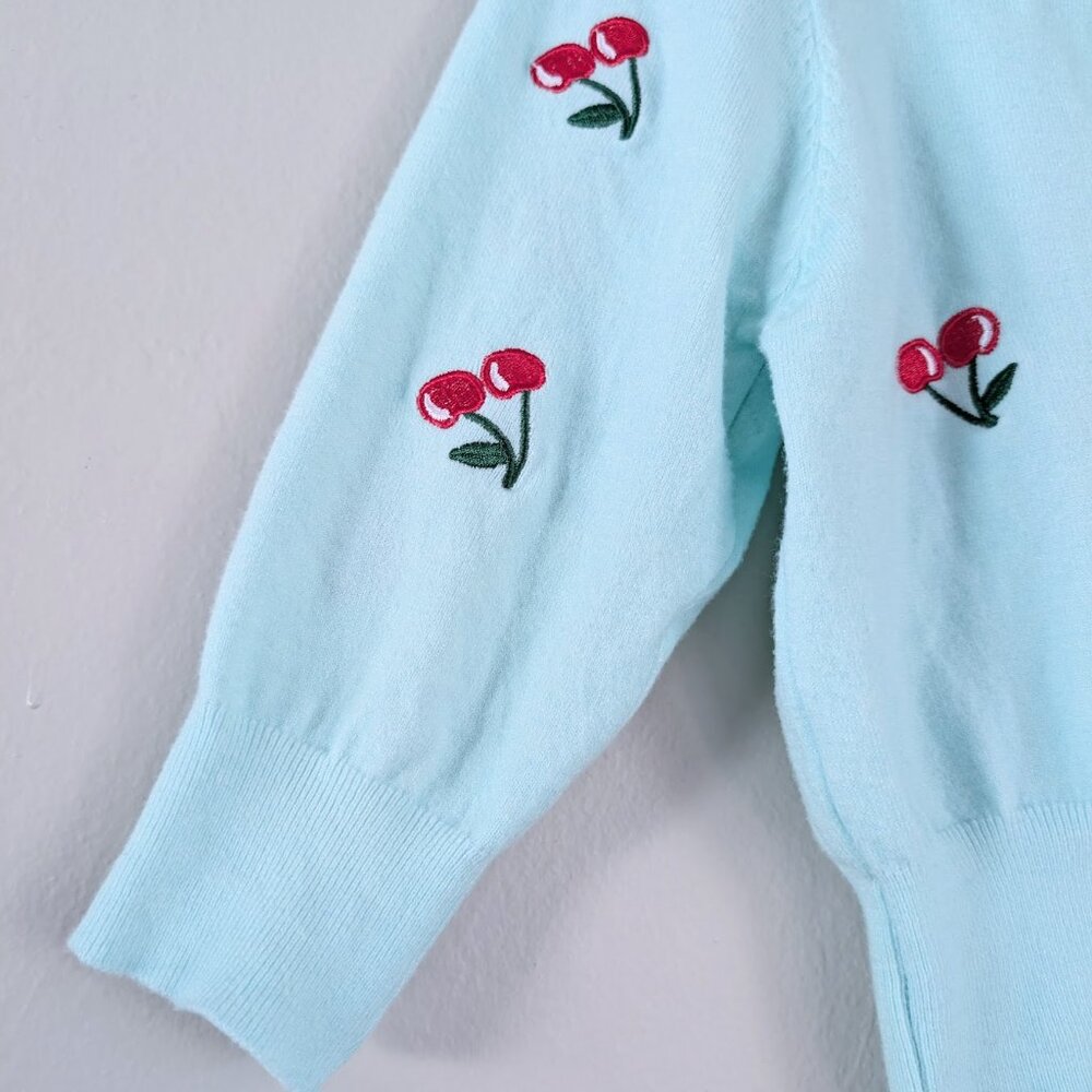Red Blue Embroidered Cherry Pattern Cropped Cardigan Twee Coquette Dollette Sz M - Picture 6 of 8